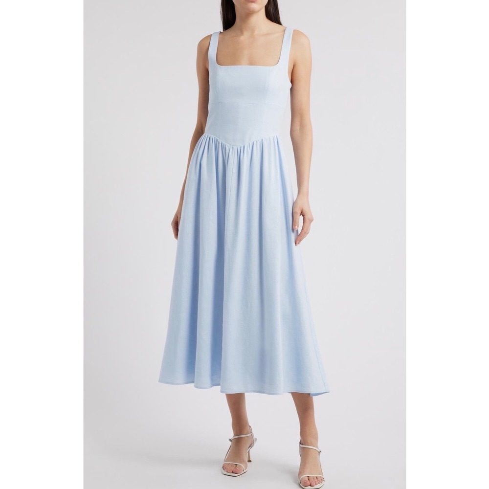 WAYF Light Blue Cotton Blend Square Neck Smocked Back Midi Dress XL NWT